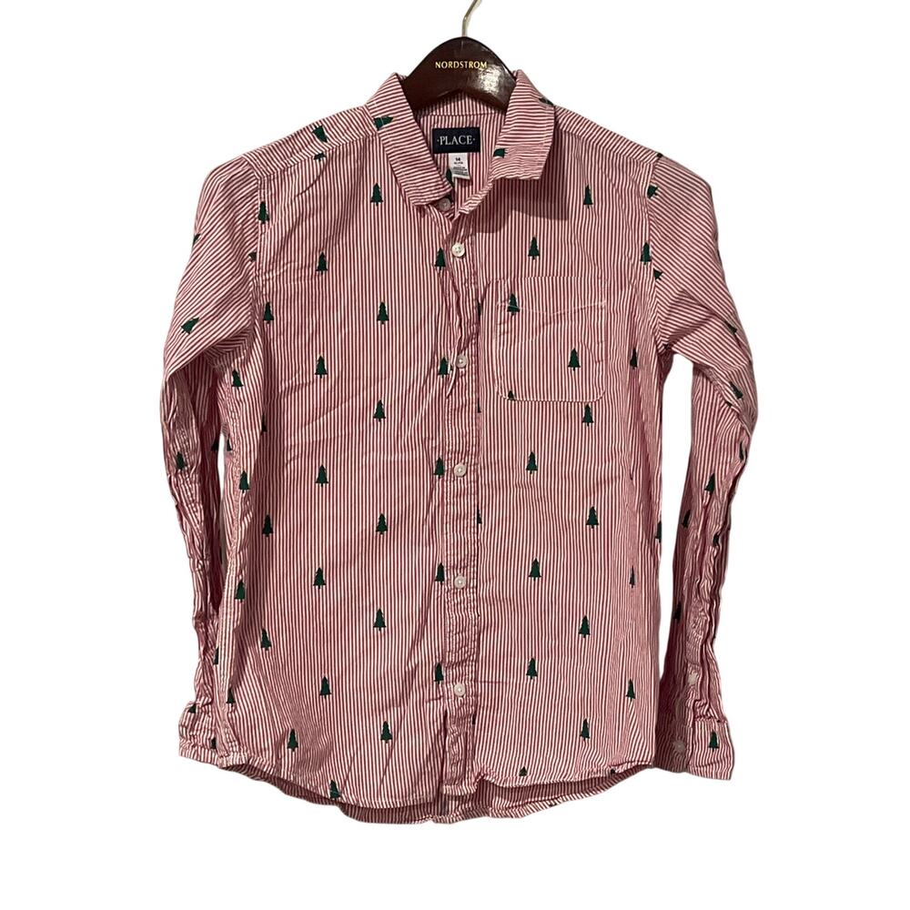 The Children's Place Boys Red Stripe Christmas Tree Button Down XL 14 1550AA